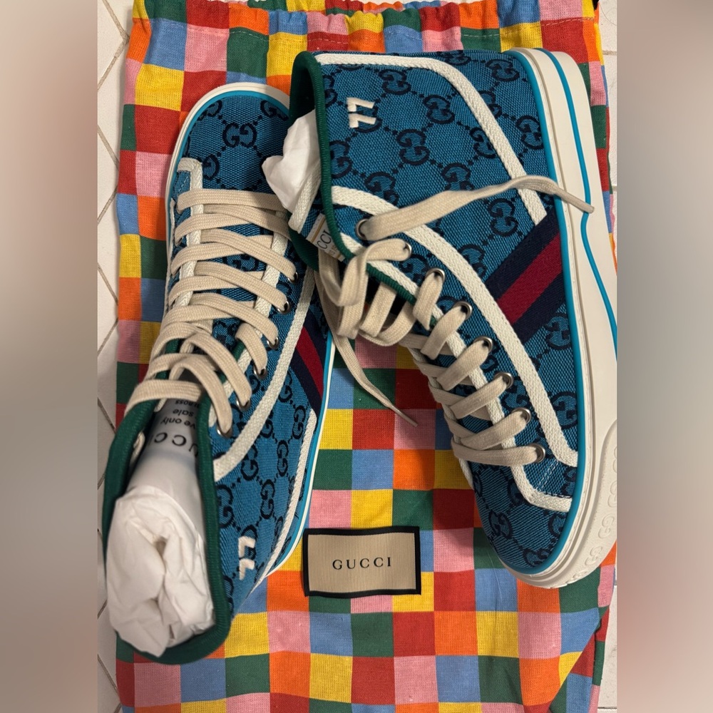Gucci Teal/Blue Canvas Patterned High-Top Sneakers - Picture 12 of 16